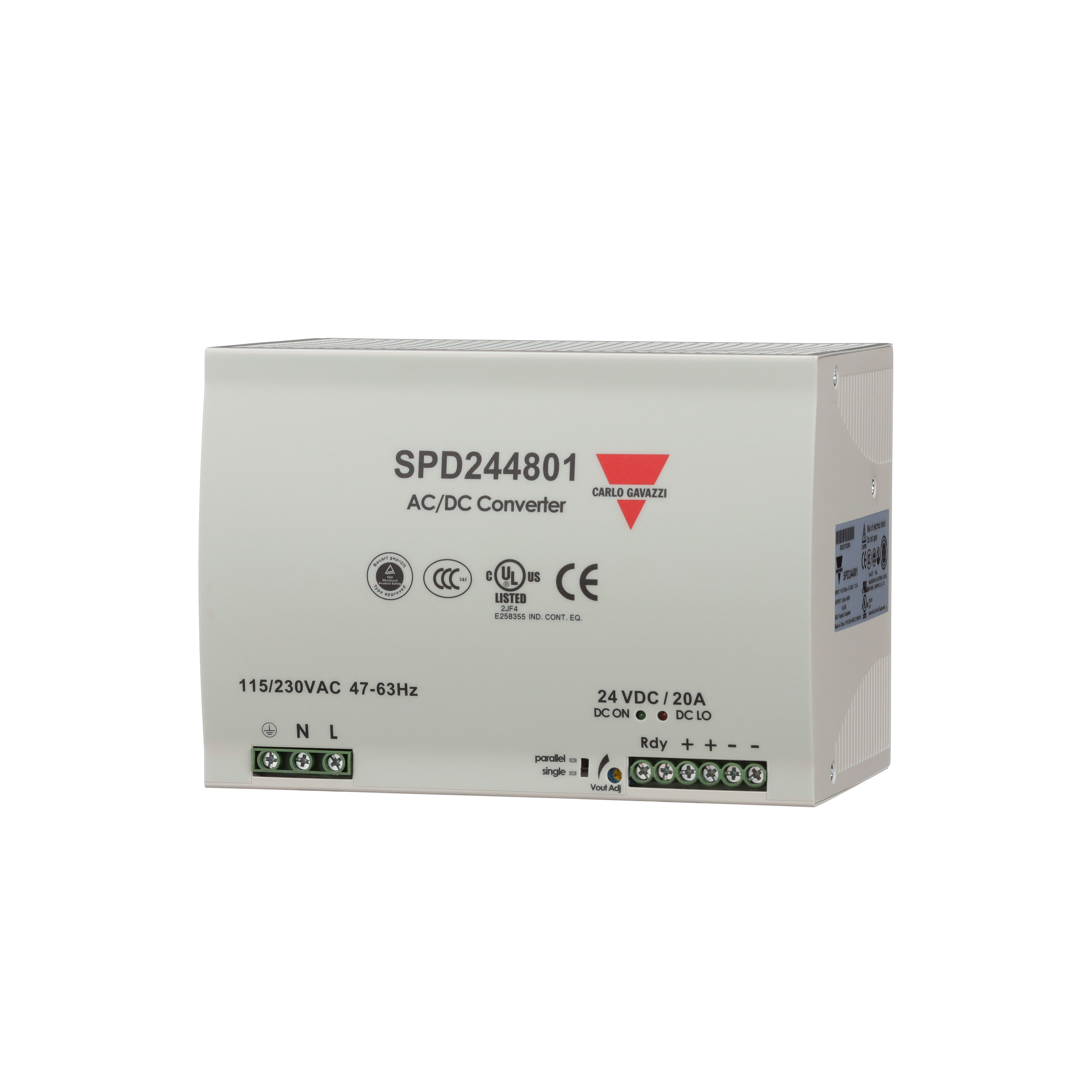 Carlo Gavazzi Switching Power Supply; 24VDC OUT; 20A; 90-264VAC / 120-375VDC IN; Single-Phase; DIN Rail Mount